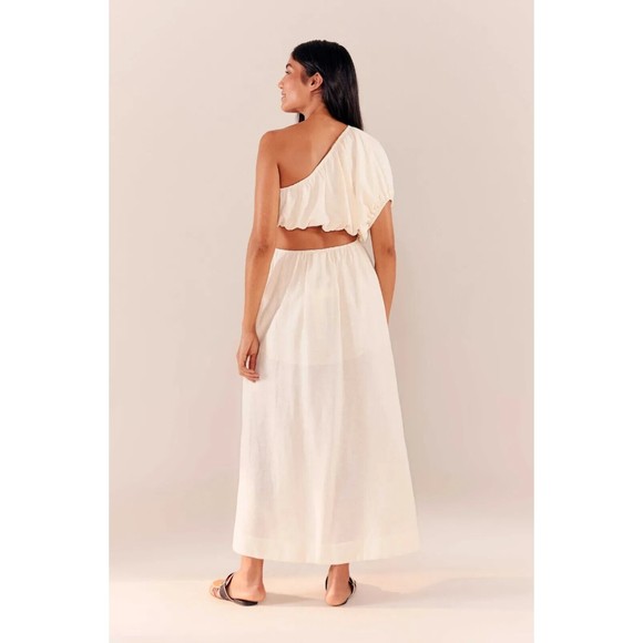 Farm Rio Off White One Shoulder Maxi Dress M Cutout Linen Blend Clean Chic New - Picture 4 of 10